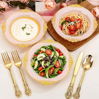 100PCS Pink Plastic Bowls - 12 oz Pink Gold Disposable Salad Bowls - Heavy Duty Soup Bowl - Fancy Plastic Ice Cream Bowl for Weddings Parties Dinners Picnics Mother‘s Day