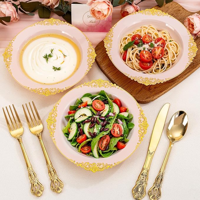 100PCS Pink Plastic Bowls - 12 oz Pink Gold Disposable Salad Bowls - Heavy Duty Soup Bowl - Fancy Plastic Ice Cream Bowl for Weddings Parties Dinners Picnics Mother‘s Day