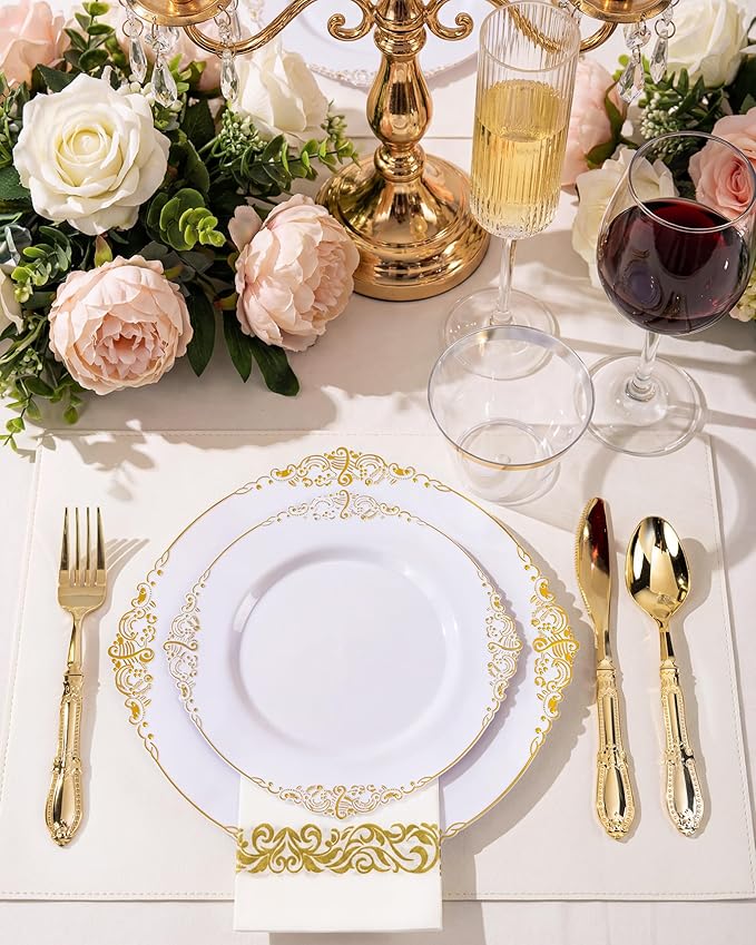 Morejoy 350PCS White and Gold Plastic Plates - Gold Plastic Dinnerware Set Include 50Dinner Plates, 50Dessert Plates 150Cutlery, 50Cups, 50Napkin Perfect for Party & Wedding