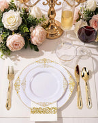 Morejoy 350PCS White and Gold Plastic Plates - Gold Plastic Dinnerware Set Include 50Dinner Plates, 50Dessert Plates 150Cutlery, 50Cups, 50Napkin Perfect for Party & Wedding