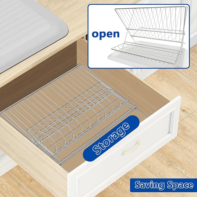 Collapsible Dish Drying Rack Space Saving Foldable Drying Rack Dishes,Stainless Steel(304) Dish Racks for Kitchen Counter,Campact Kitchen Metal 2-Tier Large