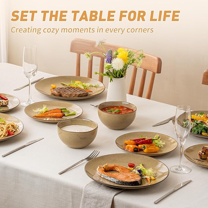 Dafuceramic Plates and Bowls Sets, 12 Pieces Modern Stoneware Dinnerware Set for 4 Kitchen Dinner Set Ceramic Dishware Dishes Set Microwave and Dishwasher Safe (Maize Yellow)