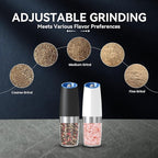 Gravity Electric Salt and Pepper Grinder set of 2, Automatic Salt And Pepper Grinder Set, Adjustable Roughness, Battery Powered, LED Light, 2 Pack, (Black&White)