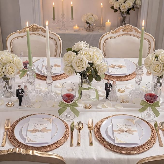 KIRE 350 PCS White and Gold Plates Disposable - Elegant Dinnerware Set of 50 Guest, White Plastic Plates With Gold Rim, Pre Rolled Napkins with Silverware & Cups for Thanksgiving Party/Wedding
