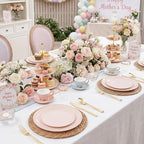 KIRE 175PCS Pink Plates Disposable - Heavy Duty Pink and Gold Plastic Plates Dinnerware Sets - 25 for Dinner 25 for Dessert 25 Pre Rolled Napkins 25Cups for Spring/Wedding/Mother's Day/Baby Shower