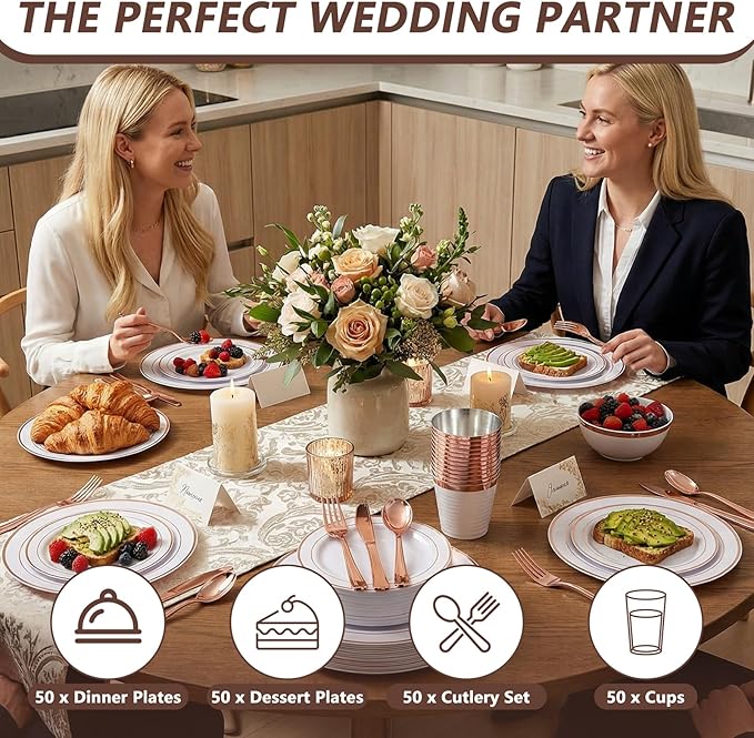 GATHER 350PCS Rose Gold Plastic Plates - Disposable Rose Gold Dinnerware Sets Includes 100 Gold Rimmed Plastic Plates, 150 Silverware, 50 Napkins, 50 Cups for Party, Wedding, Mother's Day