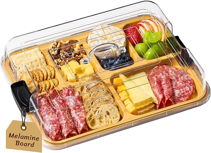 Lifewit 6 Compartment Melamine Charcuterie Board, 11 x 14 Inch Portable Cheese Board with Plastic Lockable Clear Lid, Serving Platter with Cover for Snacks, Fruit, Appetizers