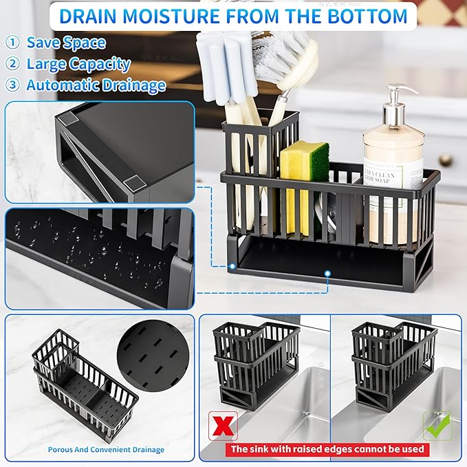 Yieach Rustproof Kitchen Sink Caddy Organizer,Plastic Scrubber,Dish Sponge Holder,Dish Soap Rack & Dispenser,Multifunctional Sponge Drain Rack,Dish Soap Caddy & Storage Organization Accessories,Black