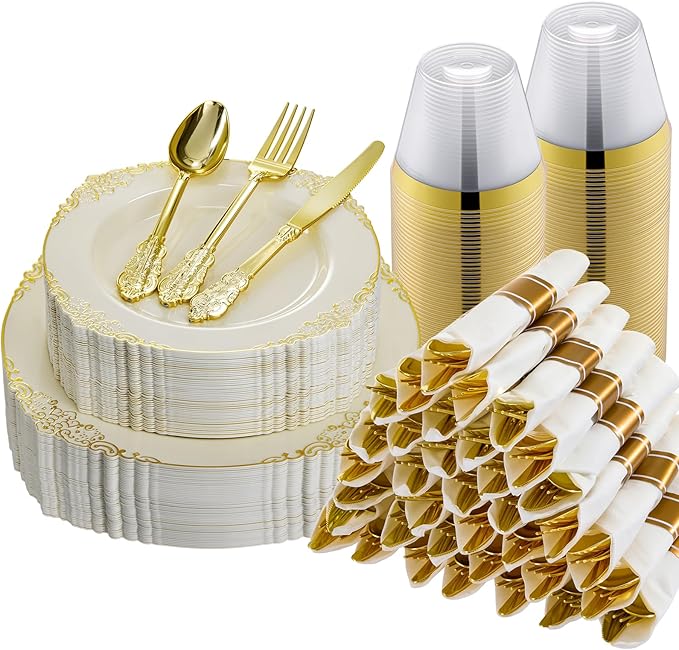 Bestluck 175PCS Ivory Plastic Plates for 25 Guests Disposable Dinnerware Sets Include 50 Plastic Plates, 25 Silverwares, 25 Cups, and 25 Pre Rolled Napkins for Party, Wedding and Graduation