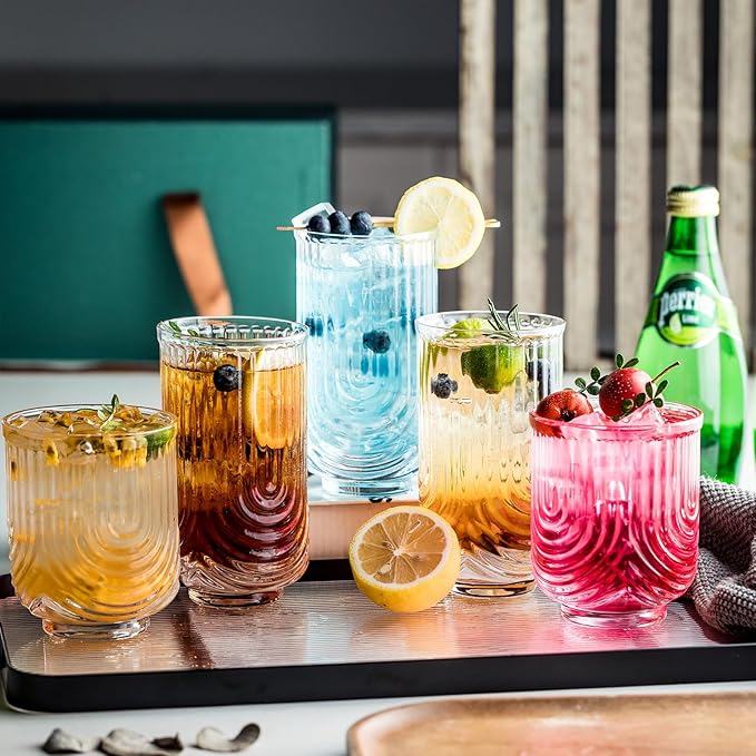 Art Deco Cocktail Glasses, Ribbed Drinking Glasses Set Of 8,14 oz Highball Glasses & 12 oz Cocktail Glasses Set, Kitchen Water Glasses Cup, Bar Tumbler Glassware Set for Beer, Juice, Whiskey, Milk