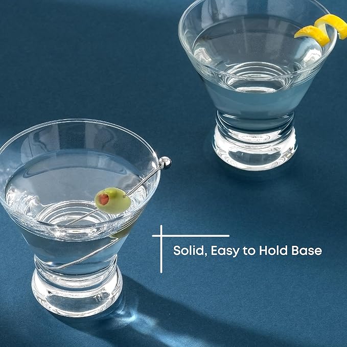 JoyJolt Afina Stemless Martini Glasses Set of 4, 8.5oz Liquor Drinking Glasses for Cocktail and Margarita, Bar Glass Cups, Glass Dessert Cups