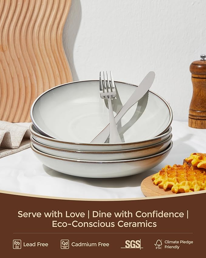 Pokini Pasta Bowls 30 oz, Terracotta Ceramic Plate Bowls for Kitchen, Microwave & Dishwasher Safe, Large Wide Serving Bowls for Salad/Soup/Noodle/Dessert, Moonstone White