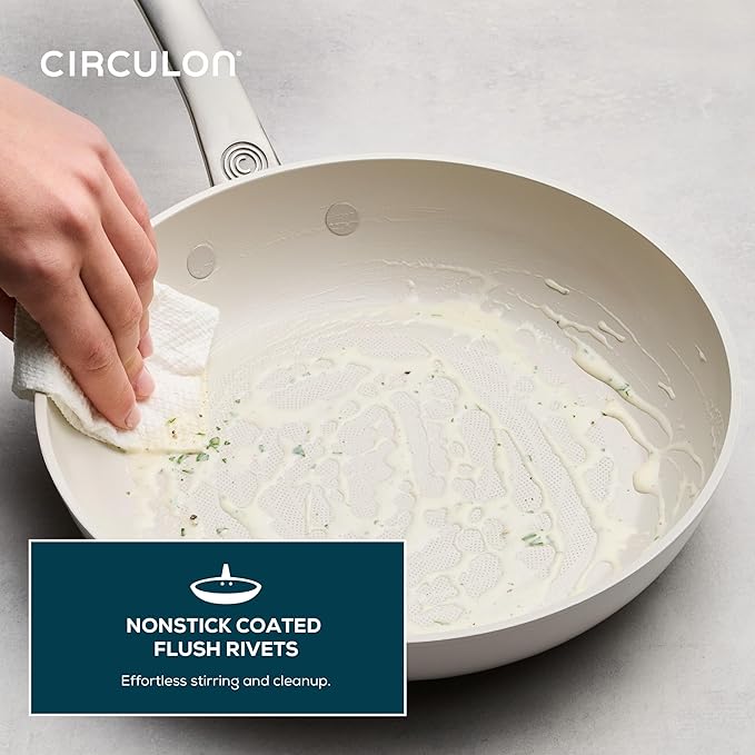 Circulon Halo with LaserDefense Ceramic Nonstick 2-Piece Skillet Set/Frying Pans, Made without PFAS, Compatible with All Stovetops, Dishwasher and Oven Safe, 8 Inch and 10 Inch Fry Pans - Pearl White