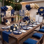 KIRE 350Pcs Blue and Gold Plates -Heavy Duty Navy Blue Dinnerware Set - 100 Plastic Plates 50 Pre Rolled Napkins with Gold Plastic Silverware 50 Cups for Birthday/Wedding/Parties/Passover/Graduation