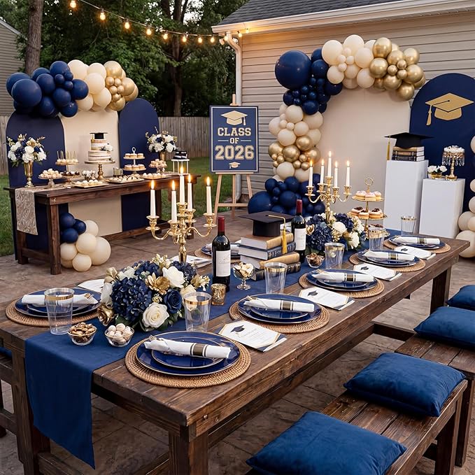 KIRE 350Pcs Blue and Gold Plates -Heavy Duty Navy Blue Dinnerware Set - 100 Plastic Plates 50 Pre Rolled Napkins with Gold Plastic Silverware 50 Cups for Birthday/Wedding/Parties/Passover/Graduation