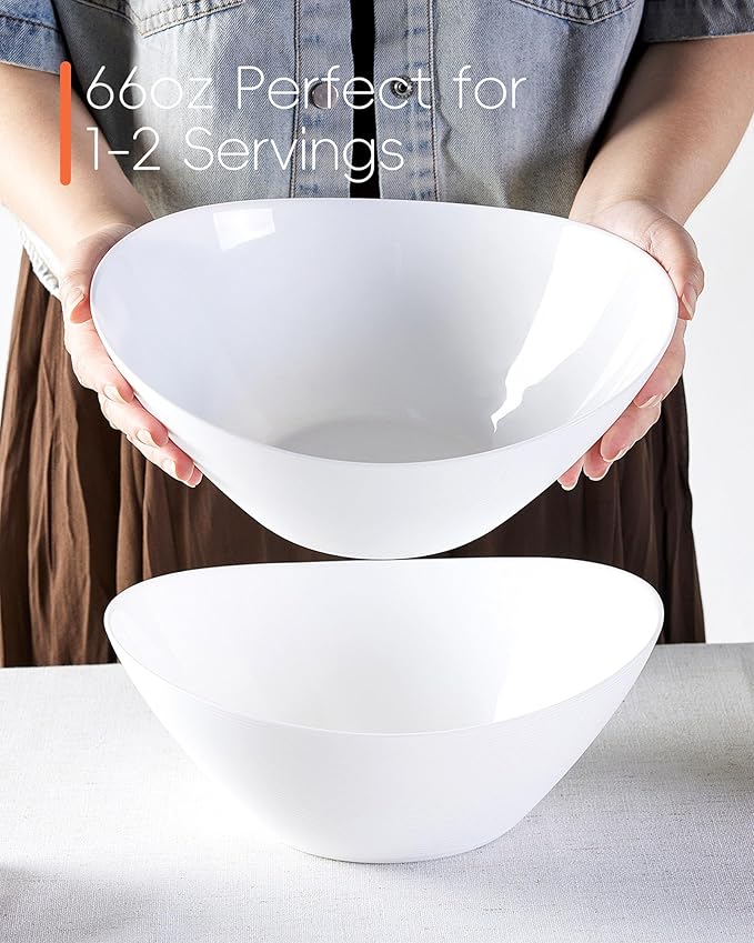 LaGlint 66 OZ Salad Bowl Set of 2, Opal Glass 10 inch Lightweight Serving Dishes for Salad, Fruit, Kitchen Microwave & Dishwasher Safe, Oval Shape White