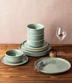 TheTerra Ceramic Dinnerware Sets for 4, 12 Pieces Handmade Reactive Glaze Plates and Bowls Set, Scratch Resistant Dish Set, Oven & Microwave & Dishwasher Safe, Eucalyptus