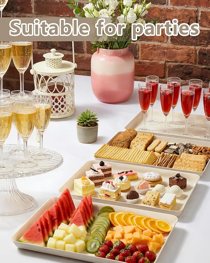 YOUBET 8 PCS Plastic Serving Trays - Ivory Wheat Straw Trays for Serving Food - Super Strong Disposable Platters, Heavy Duty Plastic Trays for BBQ, Picnic, Party, Wedding