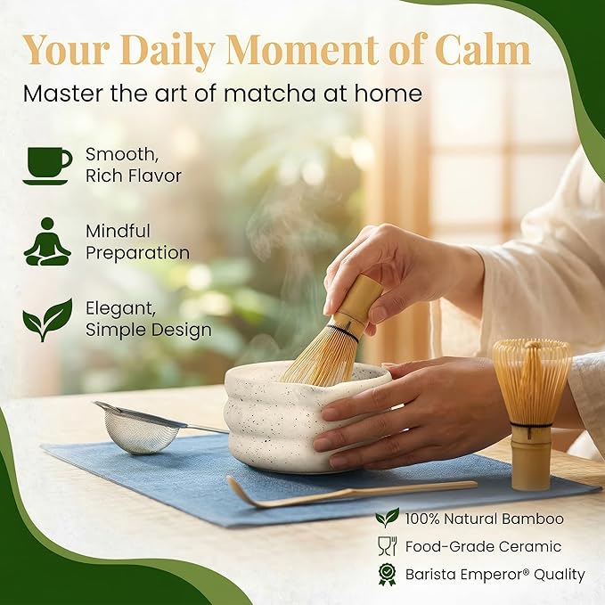 BARISTA EMPEROR® PREMIUM 11pcs MATCHA WHISK SET - Professional Matcha Kit Set with Matcha Bowl, Matcha Whisk, Milk Frother, Spoon, Matcha Sifter, Scoop, Scoop Stand, Measuring Cup, Tea Mat and Cloth