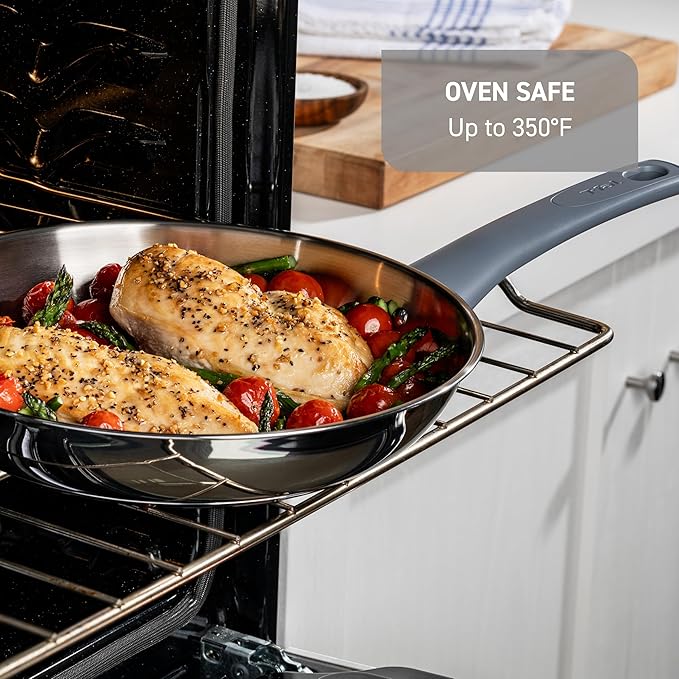 T-fal Essentials Stainless Steel Fry Pan 10.5 Inch, Induction Compatible Oven Safe 350F, Durability & Performance, Cookware, Pots and Pans, Chef's Pan, Skillet, Frying Pan, Dishwasher Safe Silver/Blue