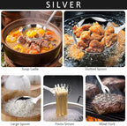 304 Stainless Steel Cooking Utensils Set,9PCS Metal Kitchen Utensils Set with Wooden Handle,Solid Spoon,Spatula,Ladle,Skimmer Spoon,Spaghetti Spoon,Dishwasher Safe