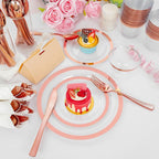Liacere 350PCS Rose Gold Plastic Plates - Clear with Rose Gold Rim for 50Guests Dinnerware - Include 100 Plates disposable 150 PCS Silverware 50 Napkins for Party & Mothers Day & Graduation
