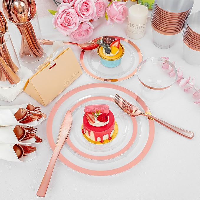 Liacere 350PCS Rose Gold Plastic Plates - Clear with Rose Gold Rim for 50Guests Dinnerware - Include 100 Plates disposable 150 PCS Silverware 50 Napkins for Party & Mothers Day & Graduation