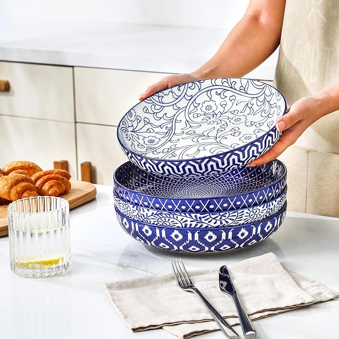 Selamica 9.6" Pasta Bowls Set of 4, 51 OZ Large Salad Bowls, Ceramic Wide and Shallow Serving Bowls for Soup, Dinner, Microwave & Dishwasher Safe, Vintage Blue