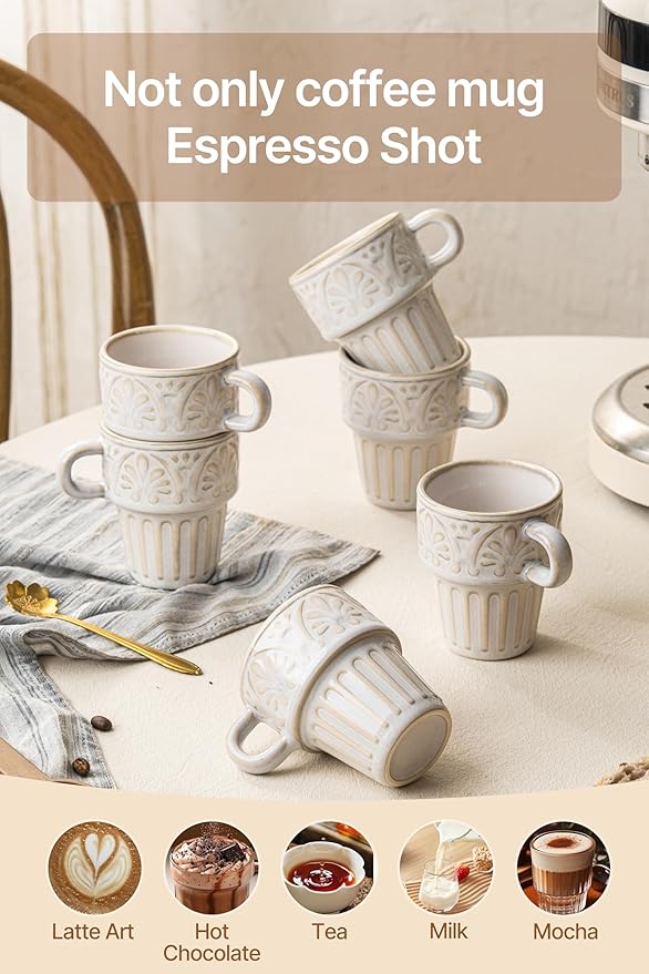 Mugs Set of 4, Ceramic Coffee Mug 12 OZ Beige, Stackable Mug, Set of 4, Microwave & Dishwasher Safe, Comfortable Grip for Latte Cappuccino Hot Chocolate, Perfect for Home Office & Holiday Gifting
