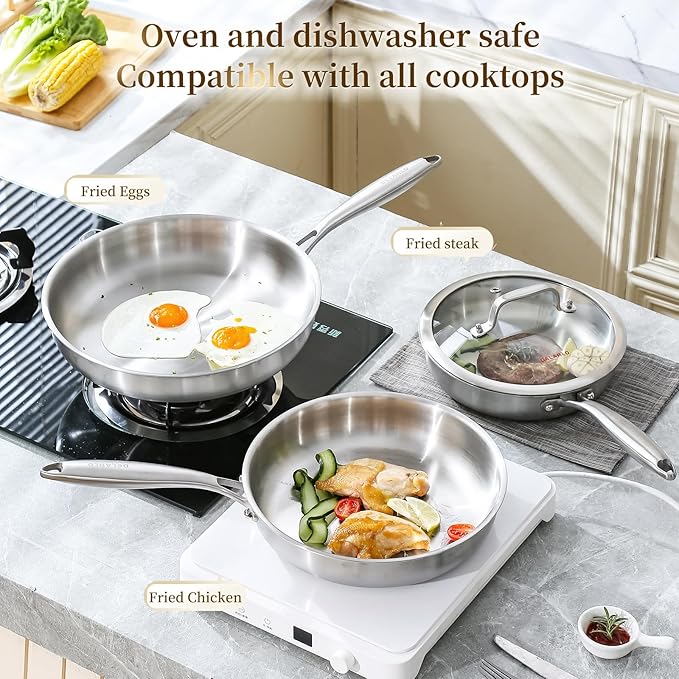 DELARLO Tri-Ply Stainless Steel Pan, 18/10 Frying Pan, Oven Safe Up to 600°F, Nontoxic Cookware, Compatible with All Cooktops Skillet, Durable, Fast Even Heat Fry Pan,8" 10" 12" with lids