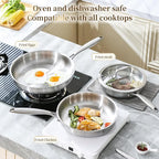 DELARLO Tri-Ply Stainless Steel Pan, 18/10 Frying Pan, Oven Safe Up to 600°F, Nontoxic Cookware, Compatible with All Cooktops Skillet, Durable, Fast Even Heat Fry Pan,Steel 10" and 12" with Lid