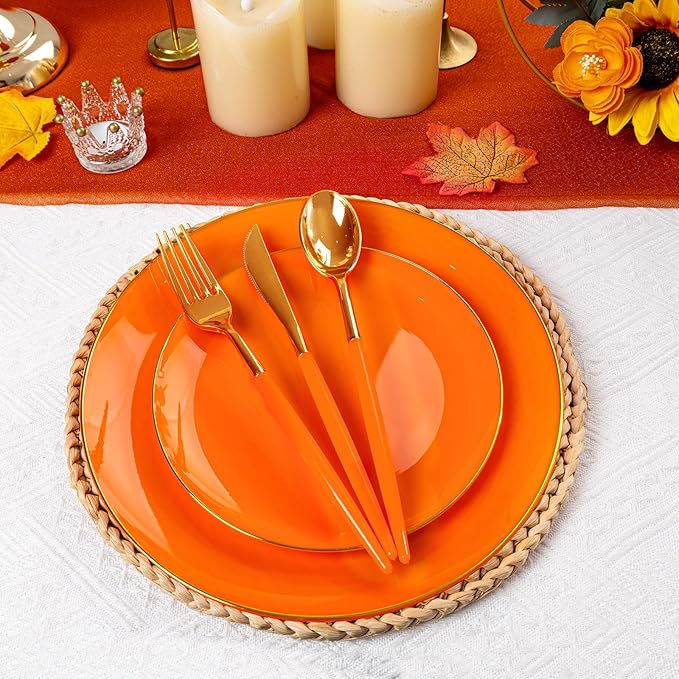 DaYammi 150Pcs Orange Plastic Plates & Gold Cutlery with Orange Handle,orange Disposable Plates with Gold Rim Set Include 30 Dinner Plate,30 Dessert Plate,30 Knive,30 Forks,30 Spoons for Party Wedding