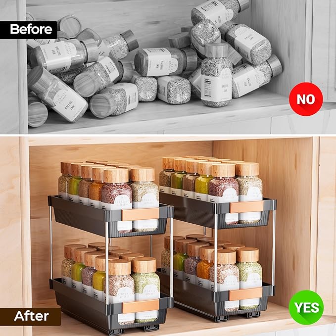 Delamu 2 Pack Pull Out Spice Rack Organizer for Cabinet, 2 Tier Slide Out Spice Organization, Vertical Spice Organizer, Cabinet Size Need:12.5'' High x 11'' Deep x 5.5'' Wide(Not for Cabinet with Lip)