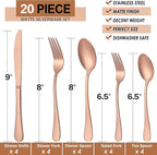 LIANYU 20 Piece Matte Copper Silverware Set, Stainless Steel Copper Flatware Cutlery Set for 4, Fancy Kitchen Utensil Tableware for Home Restaurant Party, Satin Finish, Dishwasher Safe