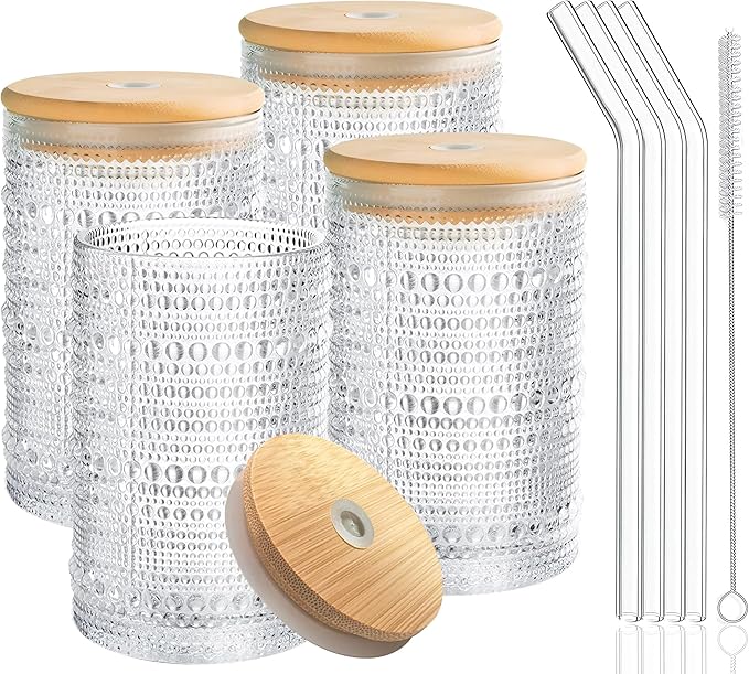 Hobnail Drinking Glasses with Bamboo Lids and Glass Straw 4Pcs Set - 14oz Vintage Glass Cups, Water Glasses, Iced Coffee Glasses, Cute Tumbler Cup, Ideal for Cocktail, Whiskey, Gift - Cleaning Brushes