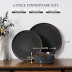 E-far Stoneware Dinnerware Sets for 2, 6-Piece Plates and Bowls Sets, Chip & Scratch Resistant Ribbed Dish Set for Home Restaurant, Microwave & Dishwasher Safe, Blackish Green