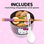 Silver Buffalo Sanrio Hello Kitty Pink Leopard Print Ceramic Ramen Noodle Rice Bowl with Chopsticks and Spoon, Microwave Safe, 20 Ounces