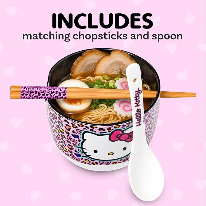Silver Buffalo Sanrio Hello Kitty Pink Leopard Print Ceramic Ramen Noodle Rice Bowl with Chopsticks and Spoon, Microwave Safe, 20 Ounces