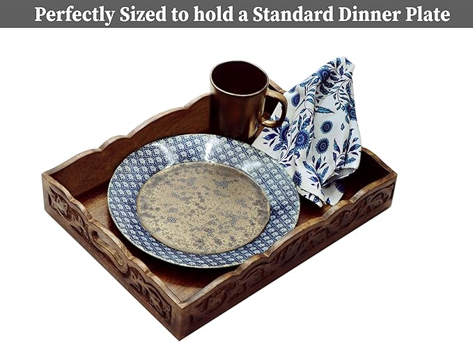 Hand Carved Wooden Serving Tray - Decorative Breakfast Tray with Handles - Rustic Wooden Food Tray with Intricate Detail - Unique Furnishing Accent - Natural Finish - 17 x 13 x 2.5 Inch - COTTON CRAFT