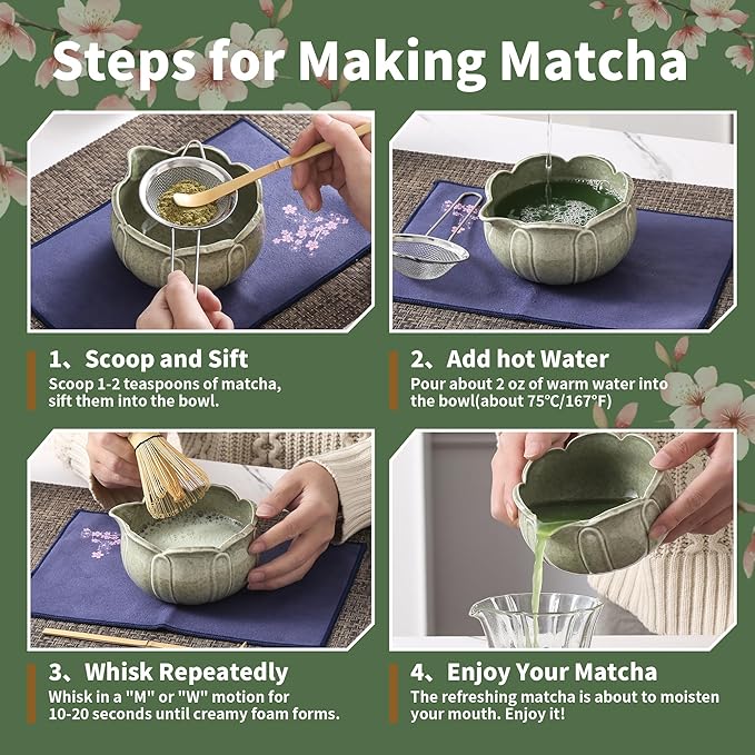 Matcha Whisk Set, Ceramic Matcha Set 8 Pcs, Matcha Kit Set Includes Matcha Bowl, Matcha Whisk and Holder, Bamboo Scoop and Rest, Sifter and Tea Towel, Ideal Gift for Family/Friend (Cyan)