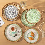 Round Rattan Tray Home Decor, 12'' Wicker Serving Tray with Mother of Pearl Inlay, Boho Decorative Tray for Coffee Table, Bathroom, Ottoman, Kitchen Table, Bathroom (Green)