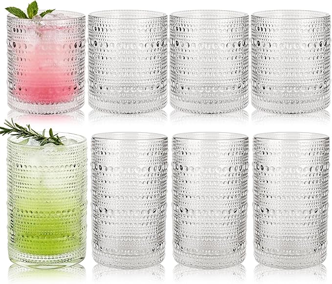 Hobnail Drinking Glasses Set of 8, 10 Oz Kitchen Water Glasses Cup & 12 Oz Vintage Cocktail Glasses Drinkware Set for Whisky, Juice, Wine, Milk