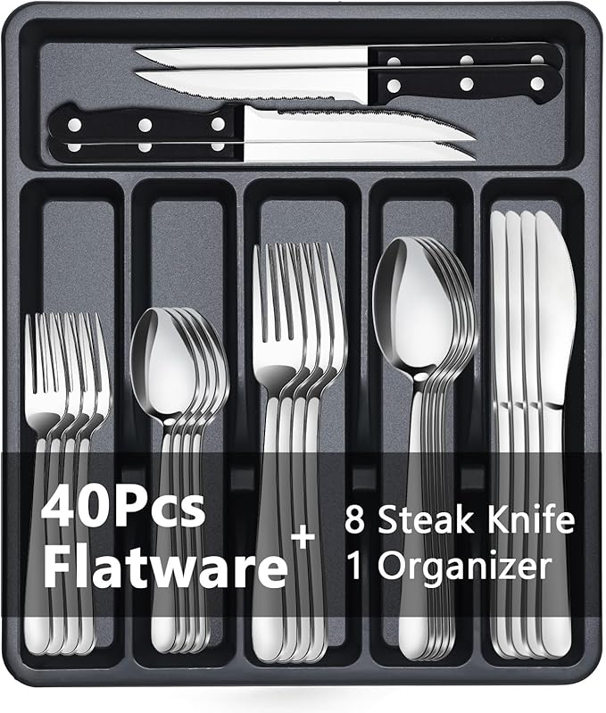 BEWOS 49-Piece Silverware Set with Organizer - Stainless Steel Silverware Set for 8 with Drawer Organizer, Dishwasher Safe Flatware Set for Home and Restaurant, Mirror Polished