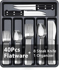 BEWOS 49-Piece Silverware Set with Organizer - Stainless Steel Silverware Set for 8 with Drawer Organizer, Dishwasher Safe Flatware Set for Home and Restaurant, Mirror Polished
