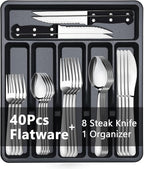 BEWOS 49-Piece Silverware Set with Organizer - Stainless Steel Silverware Set for 8 with Drawer Organizer, Dishwasher Safe Flatware Set for Home and Restaurant, Mirror Polished