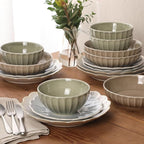 Gibson Elite Malibu Shore 16 Piece Scallop Stoneware Reactive Glaze (Service for 4) Ceramic Plates and Bowls Dinnerware Set - Assorted Color (Shiny Cream White, Blue, Cream, Terracotta)