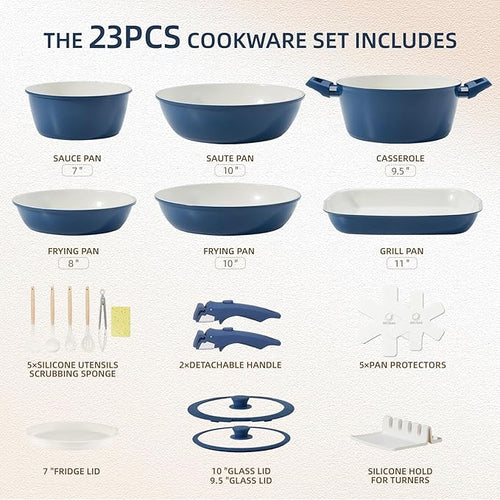 23pcs Ceramic Pots and Pans Set, Nonstick Detachable Handle Cookware, Induction Kitchen Cooking Set with Removable Handle,include Frying Pans & Saucepans Oven Safe(Blue)