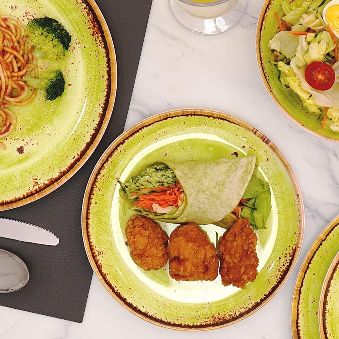 TP 12-Piece Melamine Dinnerware Sets, Plates and Bowls Dishes Set for 4, Break-Resistant & Non-Microwavable, Lightweight Dinner Plates, Green Swirl