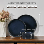 E-far Stoneware Dinnerware Sets for 2, 6-Piece Plates and Bowls Sets, Chip & Scratch Resistant Ribbed Dish Set for Home Restaurant, Microwave & Dishwasher Safe, Midnight Blue