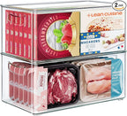 2 Pack Clear Freezer Organizer Bins Stackable Storage Bins with Side Handles for Kitchen Pantry Cabinet Organzation and Storage